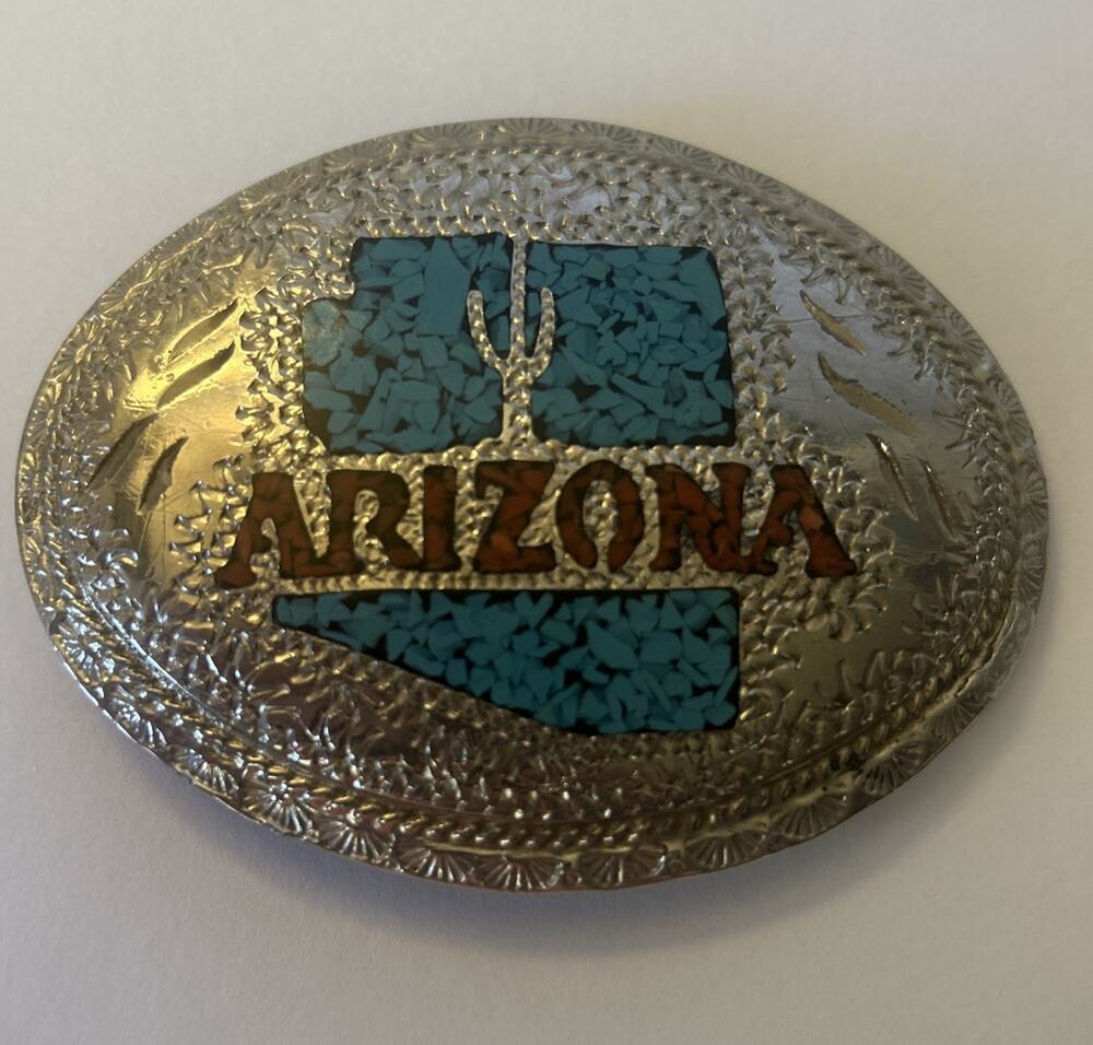 Arizona State Vintage Belt Buckle German Silver w/Turquoise Stone Inlay 1983